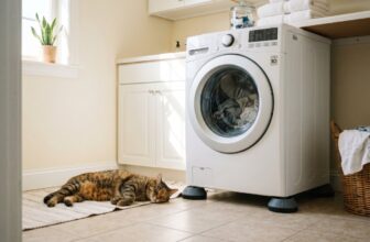 貓咪趴在地上、旁邊是洗衣機 / Cat laying on the floor next to a washing machine