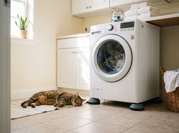 貓咪趴在地上、旁邊是洗衣機 / Cat laying on the floor next to a washing machine