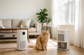 貓咪坐在地上、旁邊有空氣清淨機 / Cat sitting on the floor next to an air purifier