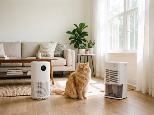 貓咪坐在地上、旁邊有空氣清淨機 / Cat sitting on the floor next to an air purifier