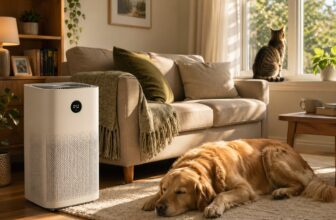 狗狗安靜趴在空氣清淨機旁的地板上 / Dog laying on the floor next to an air purifier