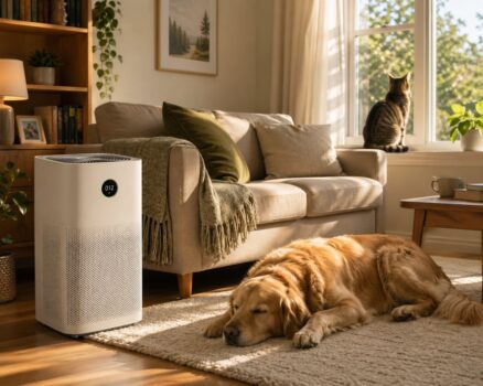 狗狗安靜趴在空氣清淨機旁的地板上 / Dog laying on the floor next to an air purifier