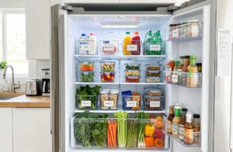 裝滿食物的開啟冰箱 / Open refrigerator filled with food
