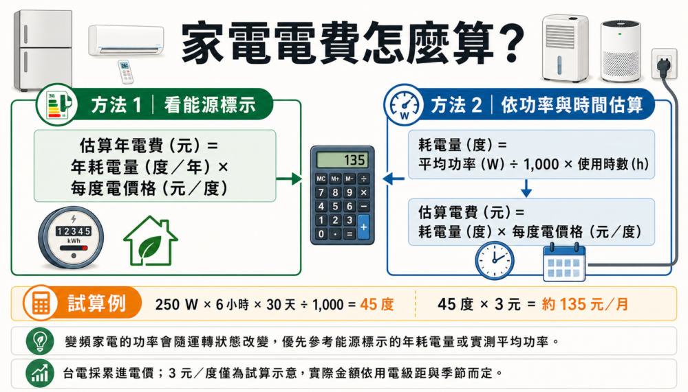家電耗電量與電費試算公式：瓦數除以一千乘以使用時數，再乘每度電價格